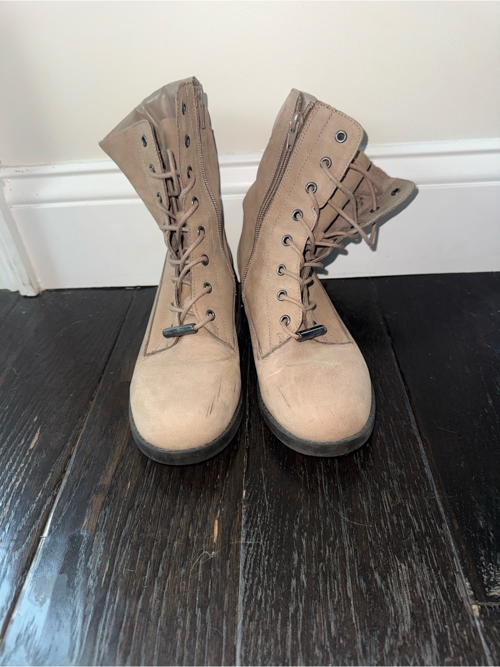 Aldo Taupe Lace-Up Combat Boots with Side Zipper
